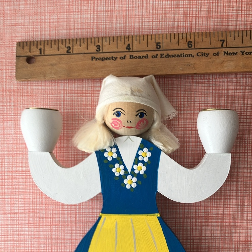 Hantverksboden Swedish Handcrafted Wooden Doll Candle Holder - Blue and Yellow - Picture 10 of 15
